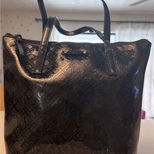 Kate Spade Black Patent Leather Tote Bag Embossed Spade Pattern Large
